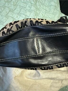 Michael Kors Black Leather and Beige MK Logo Messenger Bag
